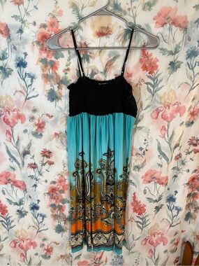 Vintage Black & Turquoise Boho Maxi Dress with Orange Accent